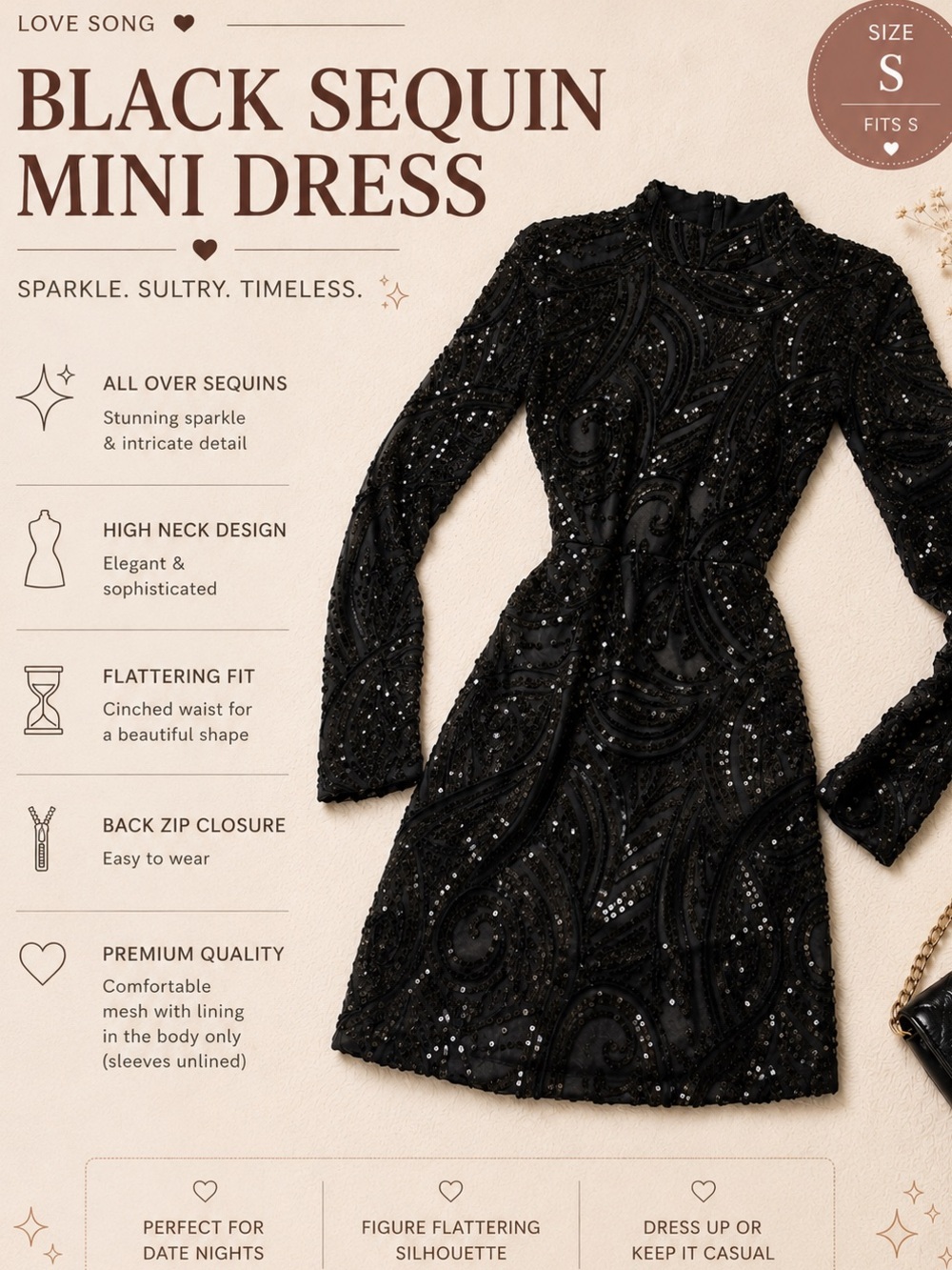Black Sequin Mini Dress - High Neck, Long Sleeve